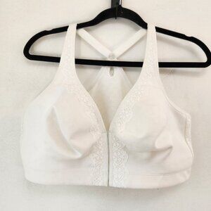Cacique Unlined Full Coverage No-Wire Bra White Eyelet Front Closure Size 42D